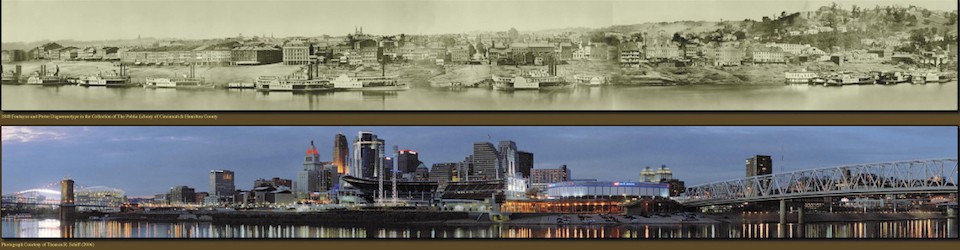 Cincinnati Riverfront historical image and modern image
