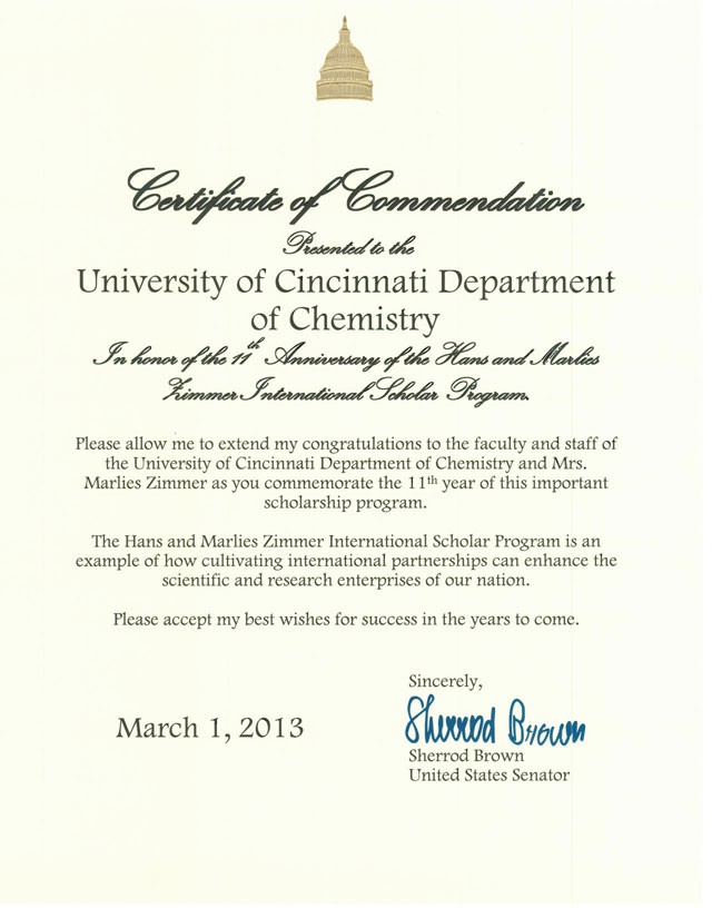 Certificate of Commendation from Senator Brown