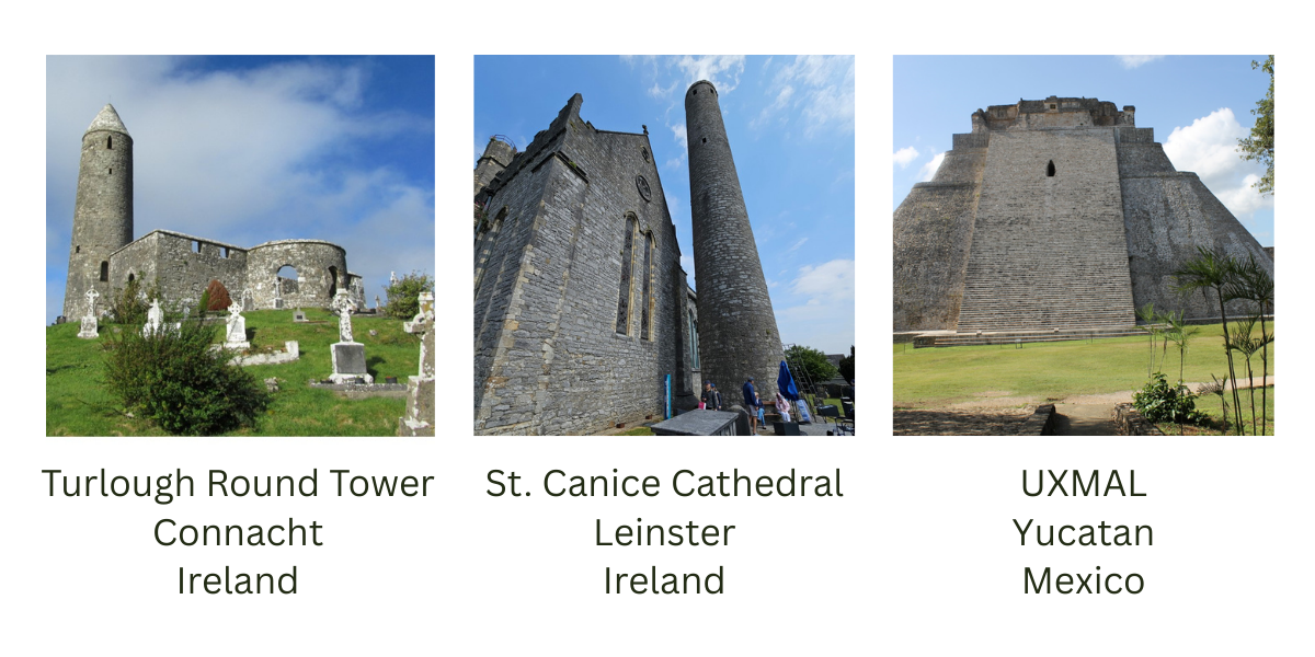 Images of Turlough Round Tower in Connacht, Ireland;  St. Canice Cathedral in Leinster, Ireland and UXMAL in Yucatan, Mexico
