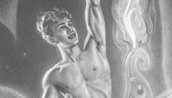 Black and white drawing of man without shirt