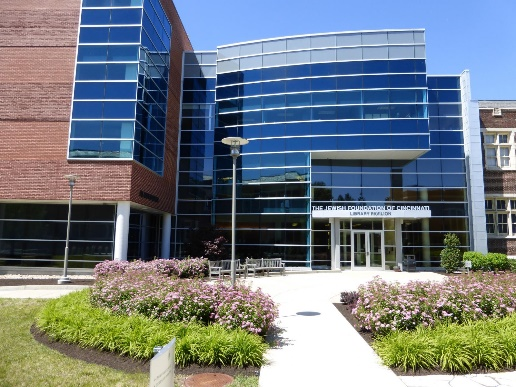 Outside the front entrance of klau library