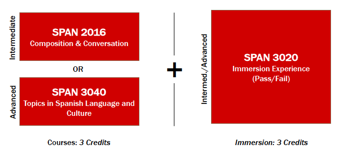 Visual indicating the course options for the Spanish LLI program.  The information is outline in the text just below this image.