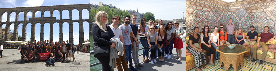 Romance Languages Banner, Three images side by side, one of a group in front of columns, the center of a group in paris in-front of the river, the third of a group in an the middle east