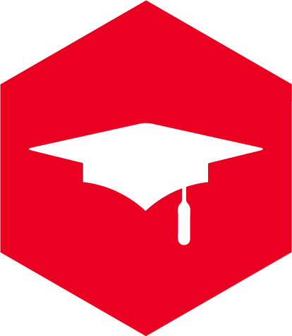 Red hexagon with a white graphic of a graduation cap inside of it. Links to master of arts program page