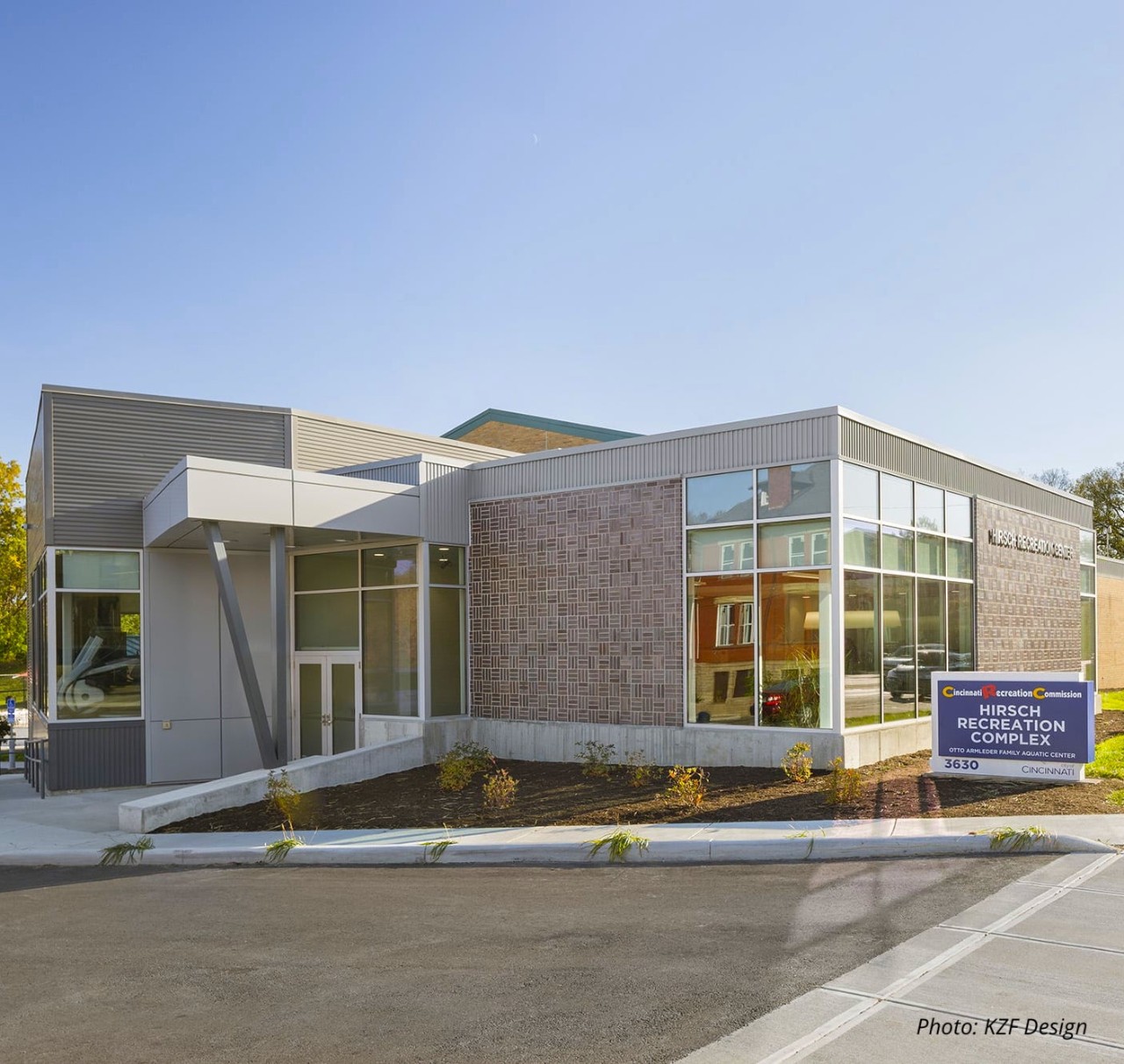 The beautifully modern, angular design of the Hirsch Recreation Center exterior,